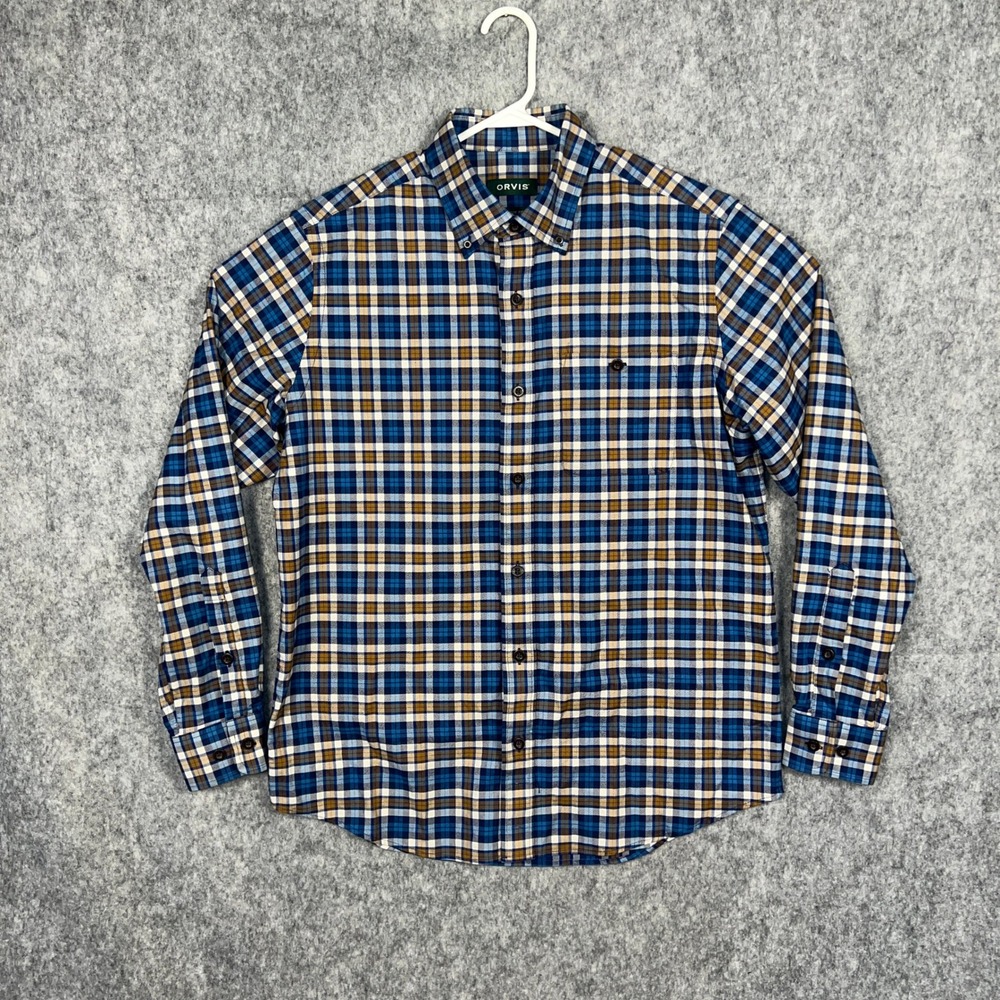 Orvis Signature Twill Plaid Shirt Men's Medium Blue Tan Classic Fit Button Down